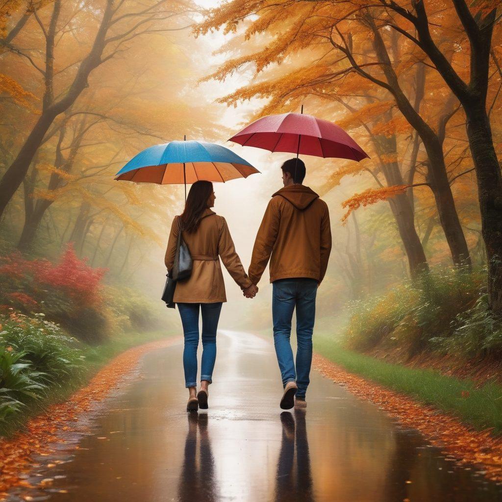 A couple confidently navigating a winding road, symbolizing their journey through love and life. They are holding a large umbrella labeled 'Insurance' protecting themselves from various weather elements like rain and sunshine, representing life's uncertainties. Background features diverse nature scenes illustrating different phases of a relationship. Emphasize warmth and connection between the couple. vibrant colors. super-realistic.