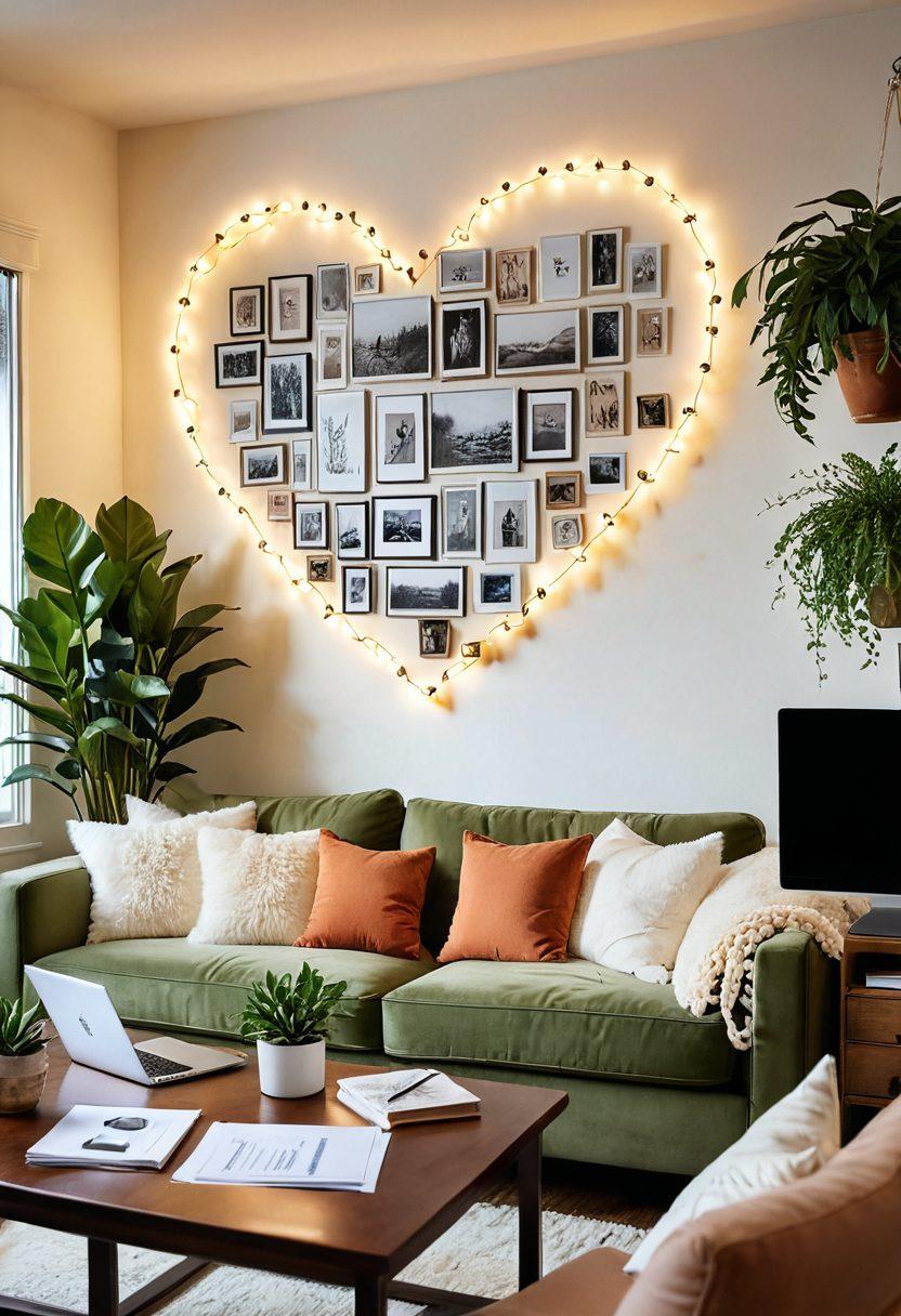 A cozy, modern love nest depicting a couple sitting together on a comfy sofa surrounded by financial documents, a laptop showing budget plans, and potted plants for a warm ambiance. Soft lighting casts a romantic glow while a heart-shaped picture frame captures their happy moments. Incorporate elements of security such as a small safe in the background, symbolizing financial protection. watercolor illustration. warm tones. inviting atmosphere.