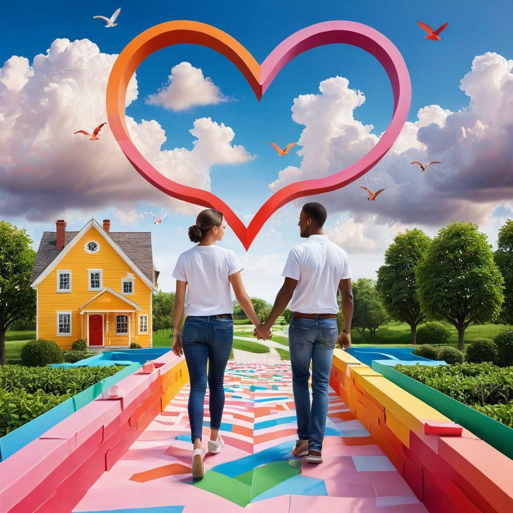 A couple joyfully navigating through a maze made of insurance documents, symbolizing the journey of love and security together. Surrounding them are heart-shaped icons representing different types of insurance, like health, life, and home. The scene is bright and colorful, with soft clouds and a path leading to a safe, secure future represented by a beautiful house. The couple should look optimistic and engaged in conversation. vibrant colors. super-realistic.